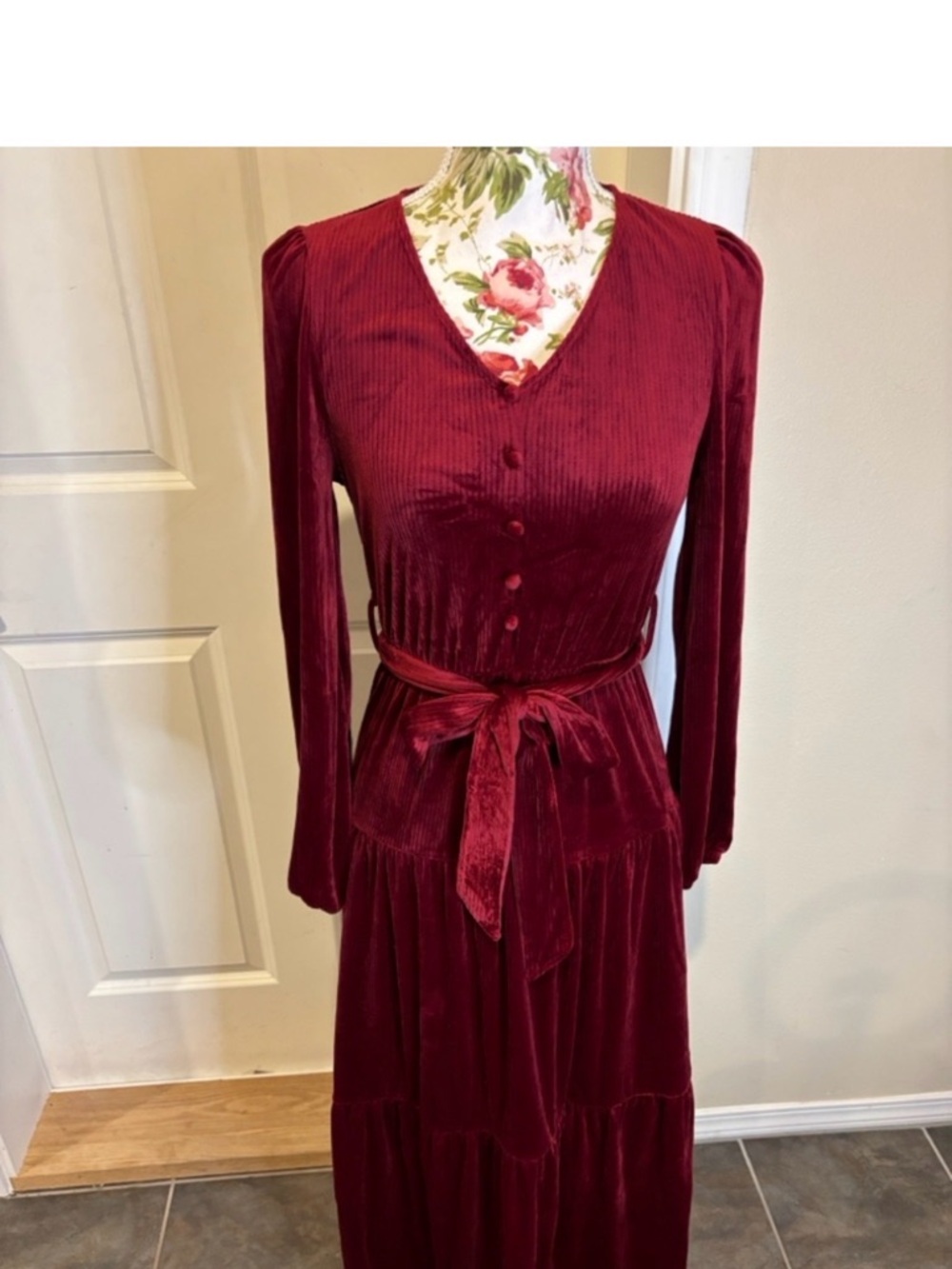 Halara Burgundy Velvet Midi Dress Size XS NWOT Tie Waist Long Sleeve  (A/28) - Picture 6 of 6